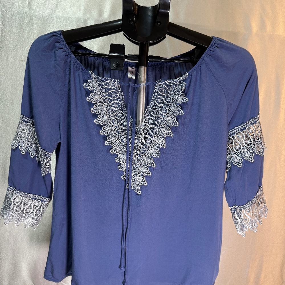 OrderPlus Blue Lace Trim Blouse Boho Peasant Top Size S